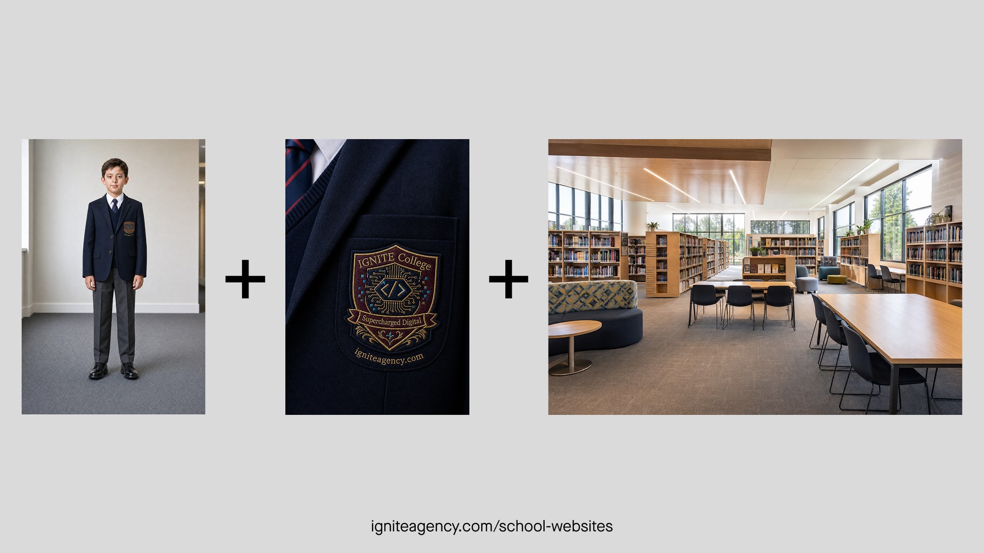 Library source combination: student reference, crest detail and environment.