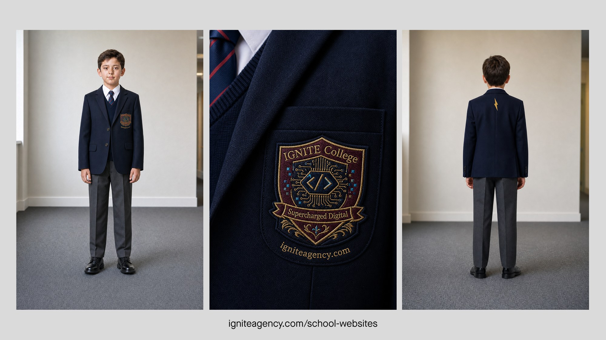 Uniform reference set: front view, embroidered crest detail and back view.